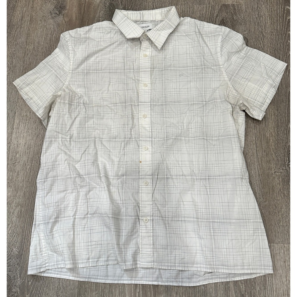 Calvin Klein Shirt Mens Shirt XL White Plaid Casual Short Sleeve‎ Cotton Shirt